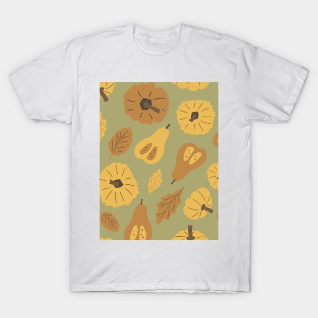 Hand drawn autumn oak leaves, pumpkins seamless pattern T-Shirt by essskina